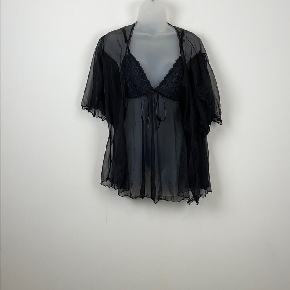 VTG Babydoll Whimsigoth Black 2 PC Chiffon Sheer Floral Lace Women L Sleepwear